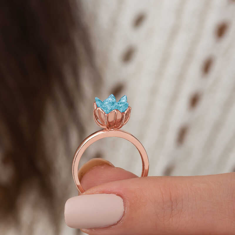 Gümüş Rose Mavi Lotus Çiçeği Yüzük