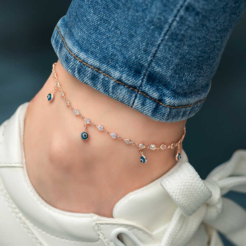Gümüş Sıralı Zirkon Taşlı Nazarlı Rose Halhal