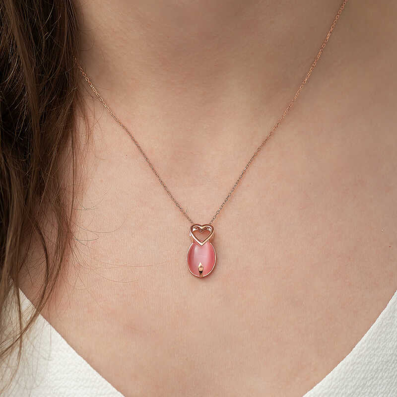 Gümüş Pembe Kedi Gözü Taşlı Kalp Kolye