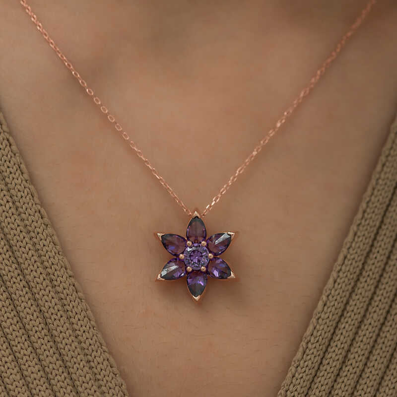 Gümüş Rose Mor Çiçek Kolye
