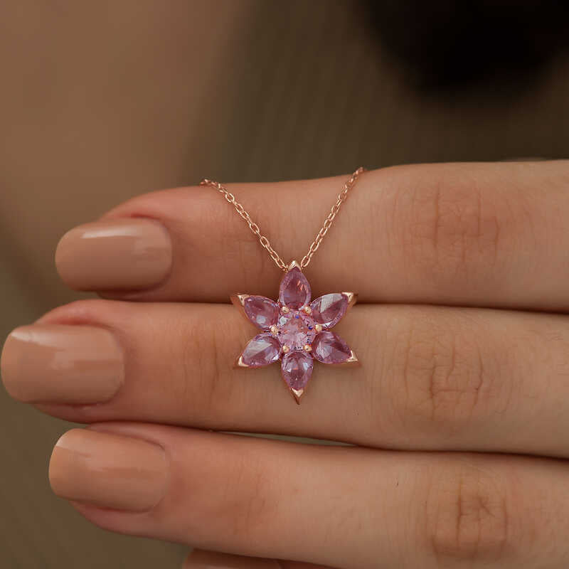 Gümüş Rose Pembe Çiçek Kolye