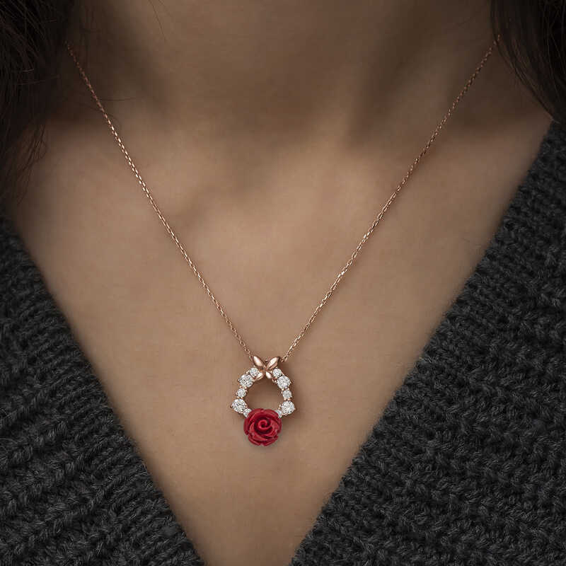 Gümüş Rose Kırmızı Gül Kolye
