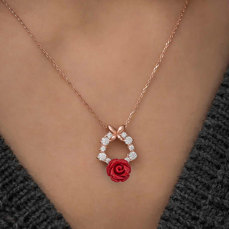 Gümüş Rose Kırmızı Gül Kolye