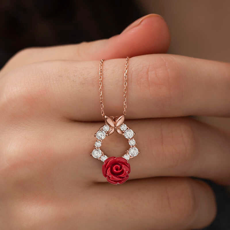 Gümüş Rose Kırmızı Gül Kolye