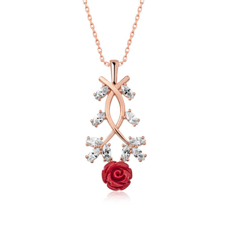 Gümüş Rose Kırmızı Gül Kolye