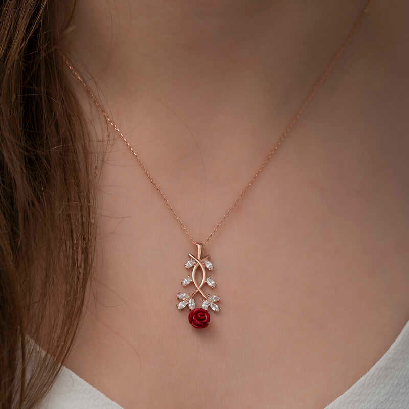 Gümüş Rose Kırmızı Gül Kolye