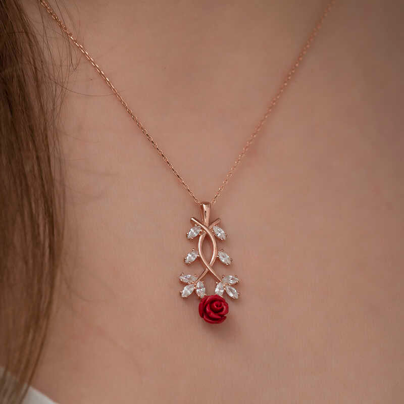 Gümüş Rose Kırmızı Gül Kolye