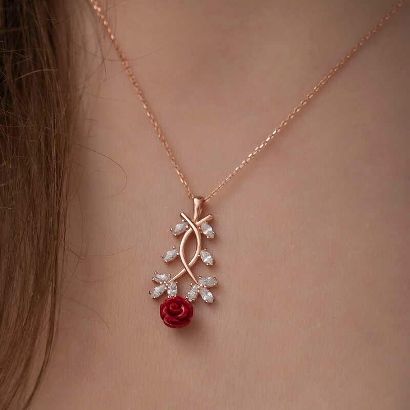 Gümüş Rose Kırmızı Gül Kolye