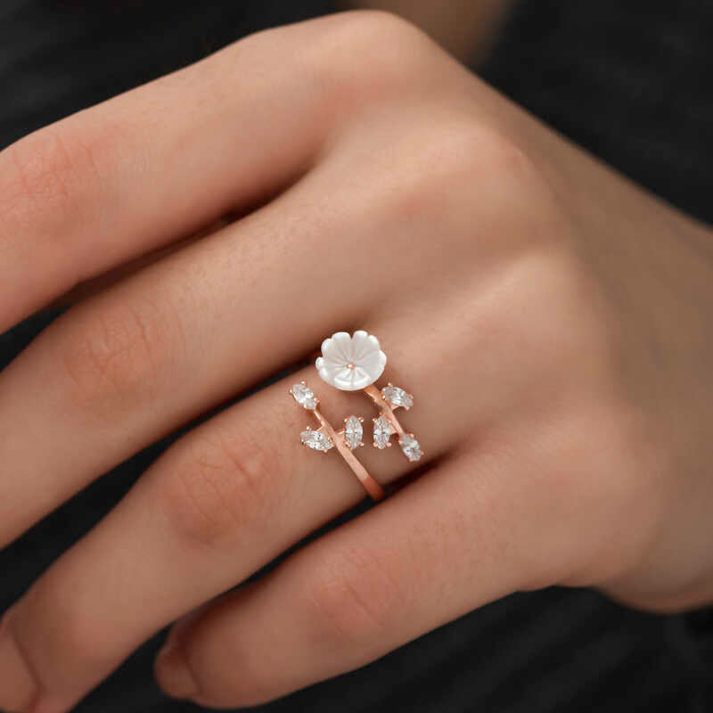 Gümüş Rose Beyaz Bahar Çiçeği Yüzük