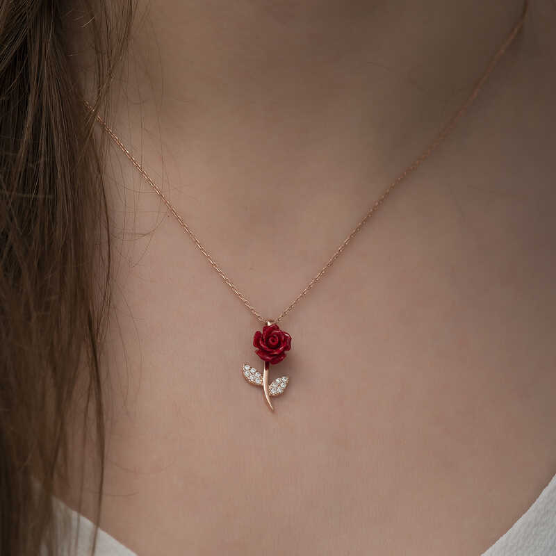 Gümüş Rose Kırmızı Gül Kolye