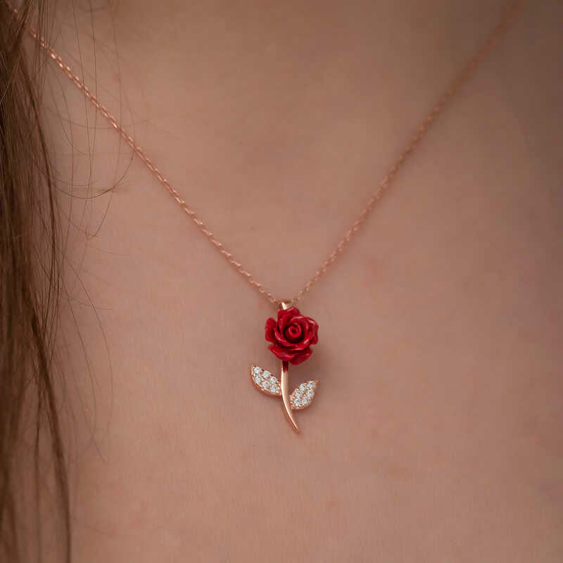 Gümüş Rose Kırmızı Gül Kolye