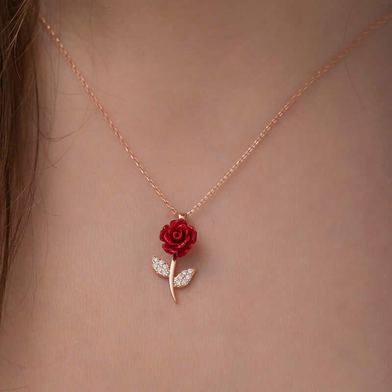 Gümüş Rose Kırmızı Gül Kolye