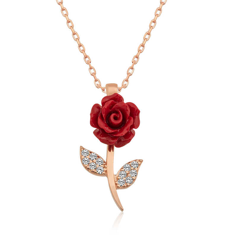 Gümüş Rose Kırmızı Gül Kolye