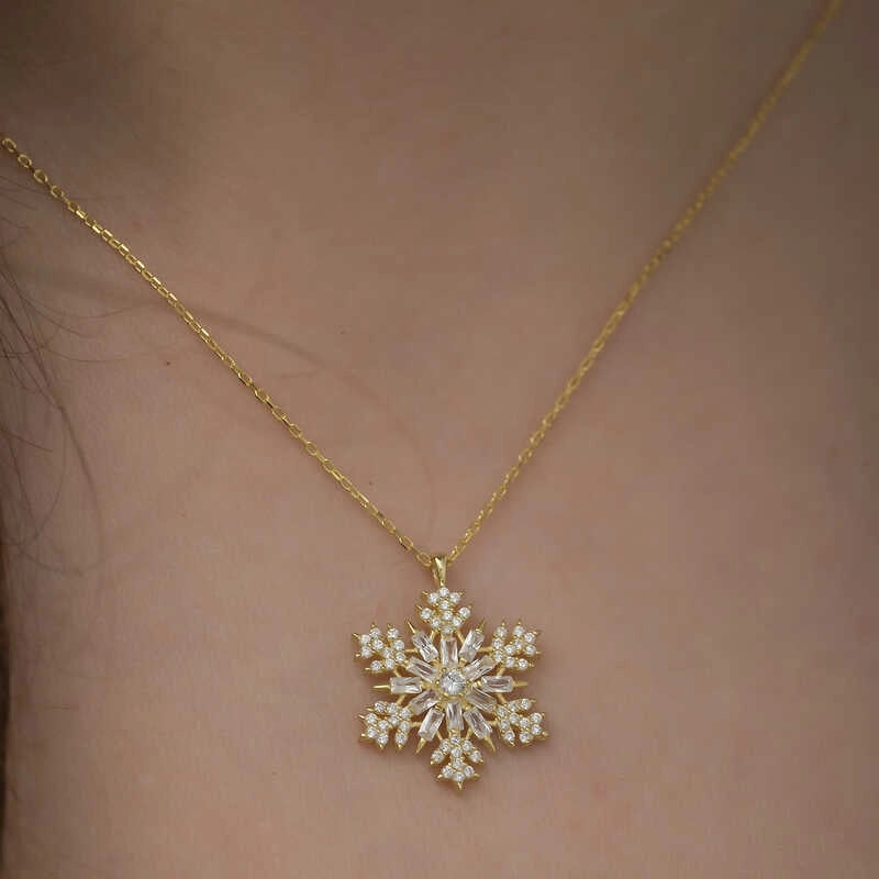 Gümüş Gold Kar Tanesi Kolye