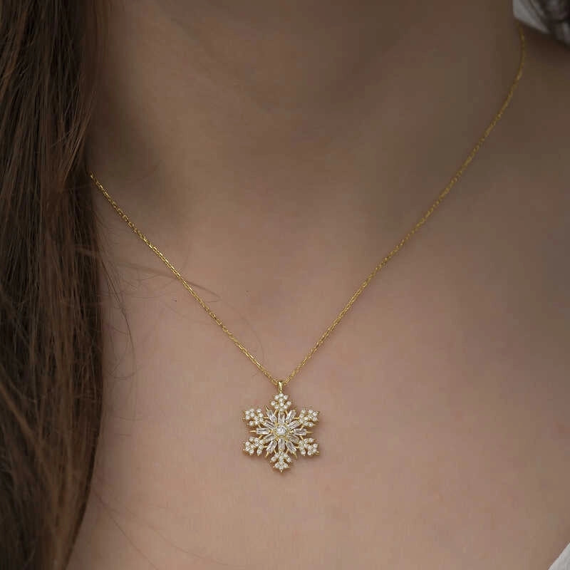 Gümüş Gold Kar Tanesi Kolye