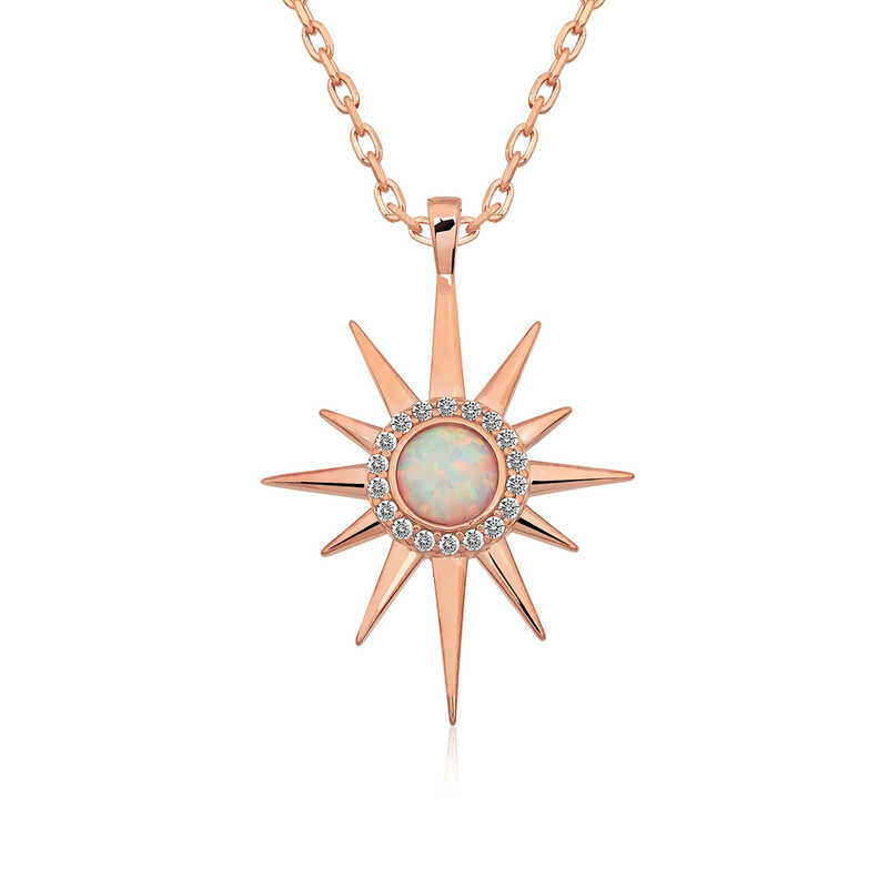 Gümüş Rose Beyaz Opal Taşlı Kutup Yıldızı Kolye