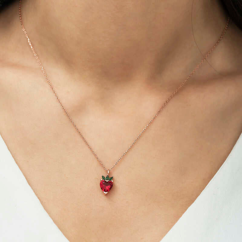 Gümüş Rose Çilek Figür Meyve Kolye