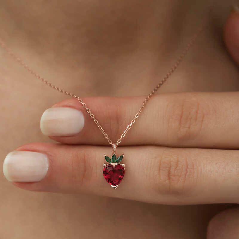 Gümüş Rose Çilek Figür Meyve Kolye