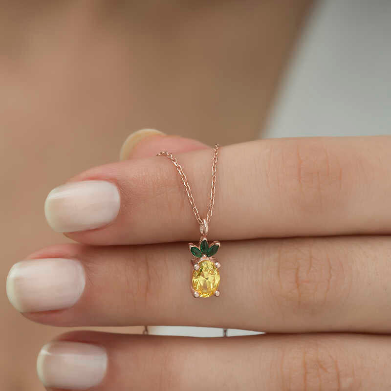 Gümüş Rose Ananas Figür Meyve Kolye