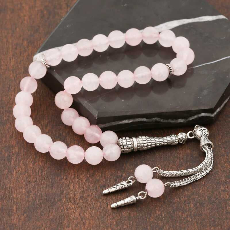 Doğaltaş Metal Püsküllü Pembe Kuvars Taşlı Tesbih