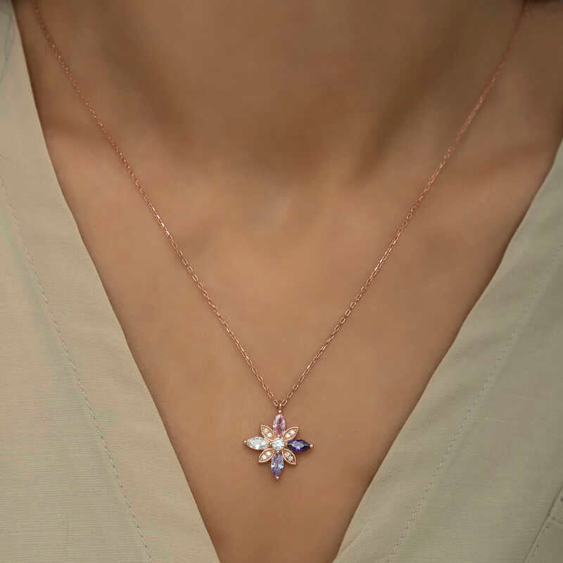 Gümüş Rose Mix Taşlı Umut Çiçeği Kolye
