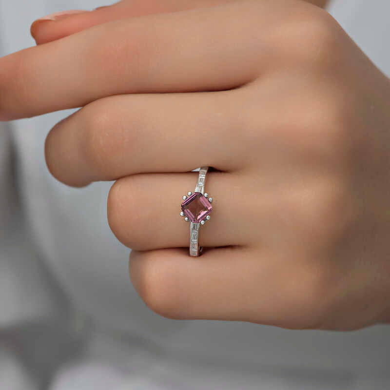 Gümüş Pembe Baget Tek Taş Kadın Yüzük
