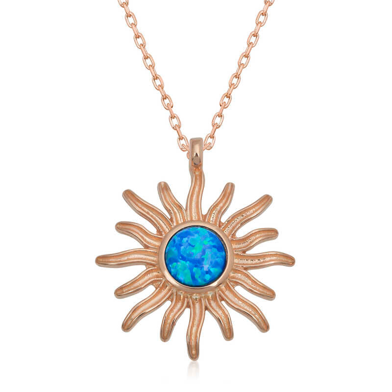 Gümüş Rose Mavi Opal Taşlı Güneş Kadın Kolye