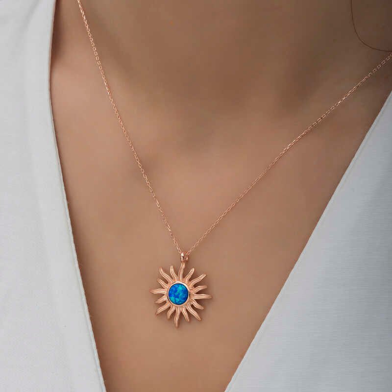 Gümüş Rose Mavi Opal Taşlı Güneş Kadın Kolye