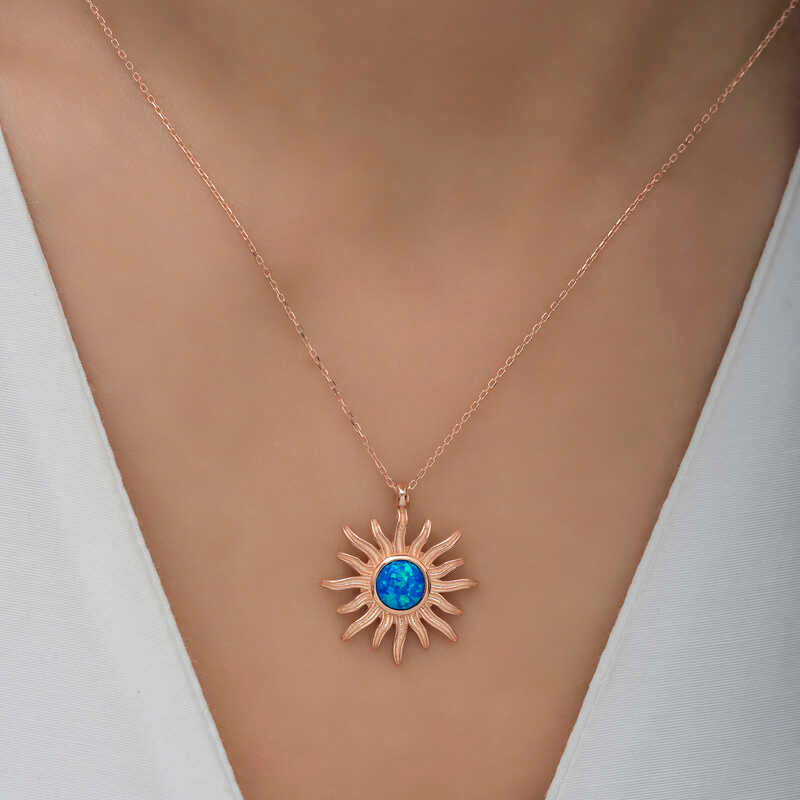 Gümüş Rose Mavi Opal Taşlı Güneş Kadın Kolye